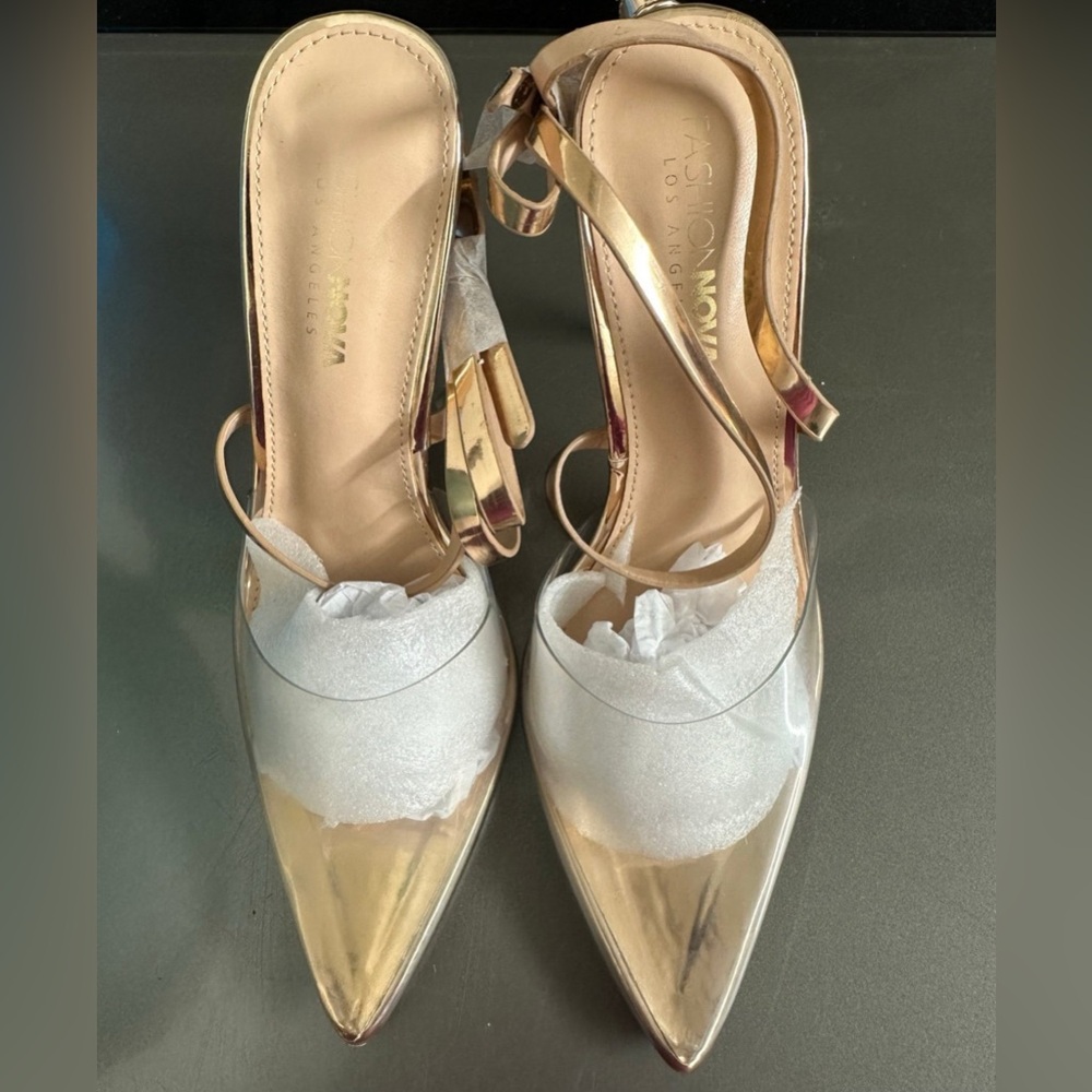 Fashion Nova Gold Stiletto Heels with Slingback Straps